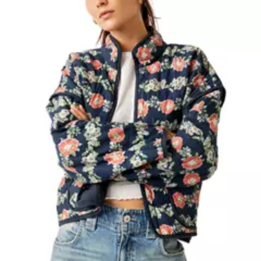 Free People Navy Floral Quilted Jacket with Coral & Cream Flowers